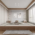 Japanese Tea Room Interior With Wooden Frame Tatami Floor Paintings Tea Set Large Windows Gray Rug