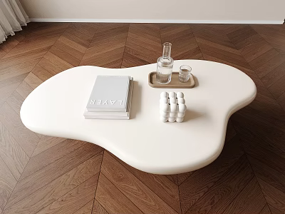 White Irregular-Shaped Coffee Table With Books Tray Bottle Cups And Cubes On Herringbone Wooden Floor 3d model