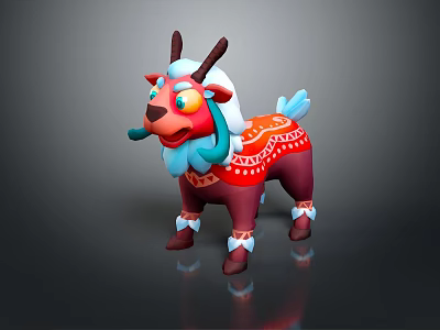 Colorful Cartoon Goat Character With Red Body White Hair And Blue Decorations 3d model