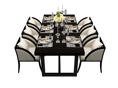 Elegant Dining Table Set With Upholstered Chairs Plates Glasses And Floral Centerpiece 3d model