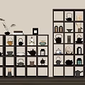 Antique Display Shelves Dark Wooden with Teapots Cups Jars Small Plant Photo Frame and Books