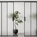 Modern Partition Screen With Frosted Glass Panels Black Frame And Potted Plant
