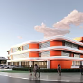 Orange And White Modern School Building With Multi Story Classrooms Campus Square And Trees