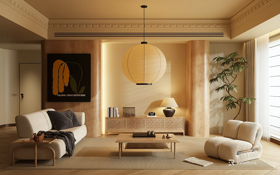 Warm Living Room Interior With Wooden Accents Lantern Pendant Light Sofa And Green Plant 3d model 