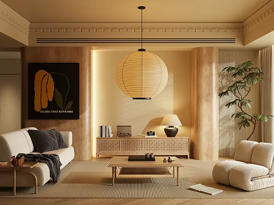Warm Living Room Interior With Wooden Accents Lantern Pendant Light Sofa And Green Plant 3d model