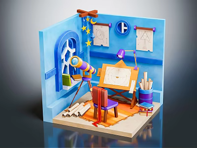 Cartoon Style Blue Room Scene With Easel Colored Pencils Telescope Arched Window And Star Moon Decorations 3d model