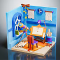 Cartoon Style Blue Room Scene With Easel Colored Pencils Telescope Arched Window And Star Moon Decorations