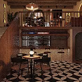 Cozy Bar Interior With Wooden Counter High Stools Hanging Lights And Guitar Decor
