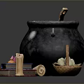 Assorted Daily Living Items With Black Cauldron Clay Pots Egg Basket Scroll And Mushrooms
