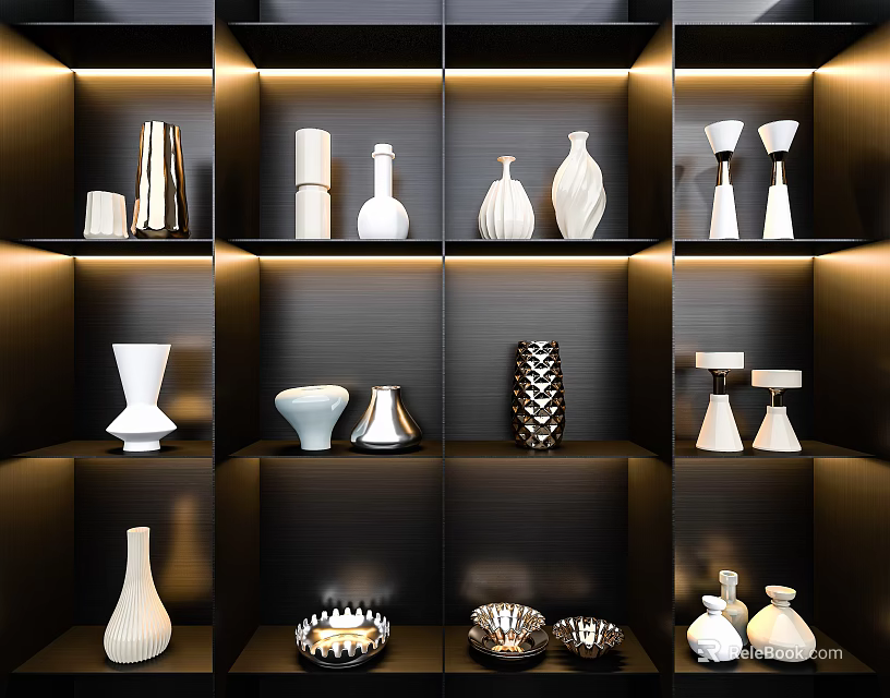 Modern Decorative Ornaments Combination On Illuminated Shelves With Vases And Candle Holders 3d model 