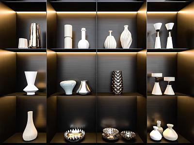 Modern Decorative Ornaments Combination On Illuminated Shelves With Vases And Candle Holders 3d model