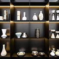 Modern Decorative Ornaments Combination On Illuminated Shelves With Vases And Candle Holders