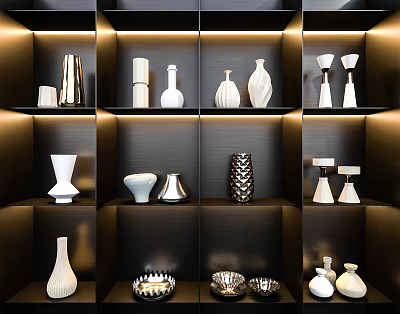 Modern Decorative Ornaments Combination On Illuminated Shelves With Vases And Candle Holders 3d model