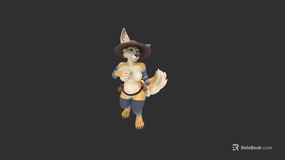 Anthropomorphic Fox Character Wearing Hat And Blue Brown Outfit Standing Against Dark Background 3d model 