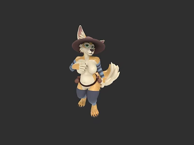 Anthropomorphic Fox Character Wearing Hat And Blue Brown Outfit Standing Against Dark Background 3d model