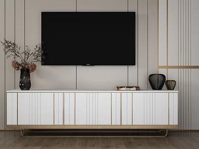 Modern TV Background Wall Design with Mounted TV White Cabinet Golden Lines and Decorations 3d model