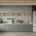 Contemporary Pantry Interior With Patterned Backsplash Gray Cabinets White Countertop Coffee Machine And Refrigerator 3d model