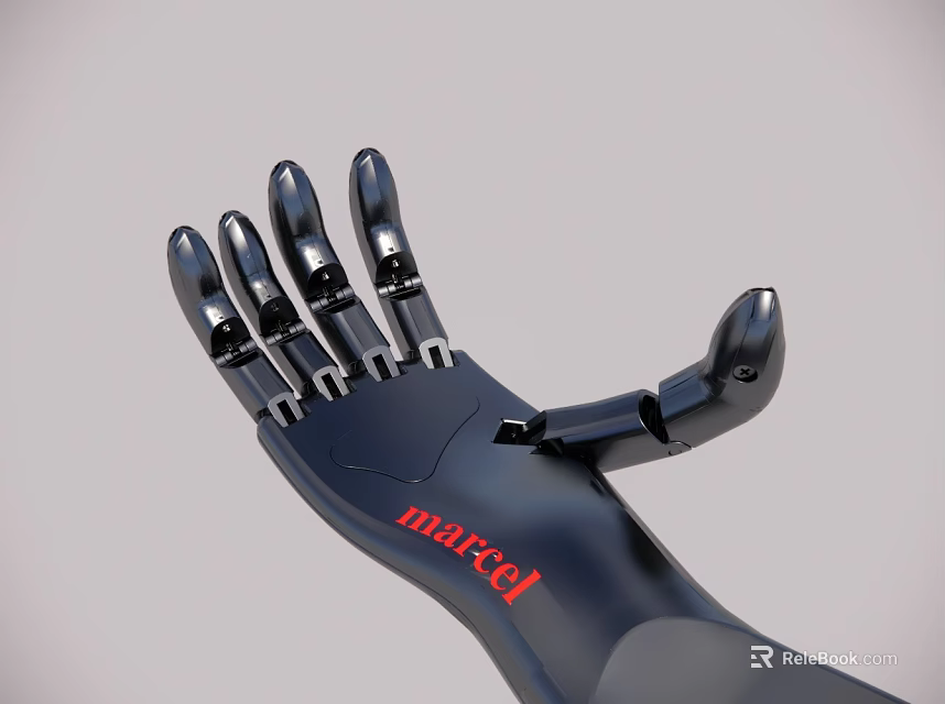 Man with Black Robotic Arm Featuring Red Marcel Branding and Modern Design 3d model 
