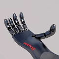 Man with Black Robotic Arm Featuring Red Marcel Branding and Modern Design