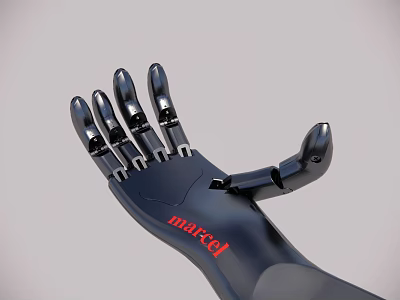 Man with Black Robotic Arm Featuring Red Marcel Branding and Modern Design 3d model