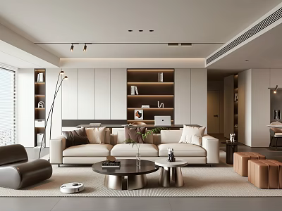 Modern Living And Dining Space With Beige Sofa Bookshelves And Coffee Tables 3d model