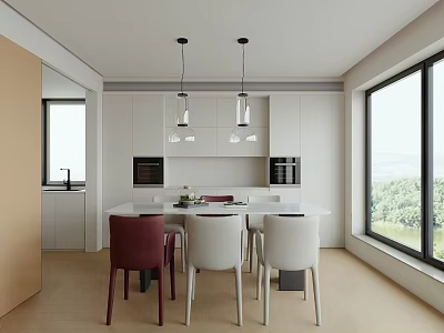 Minimalist Modern Home Dining Room With Large Panoramic Window And Clean Open Kitchen Layout 3d model