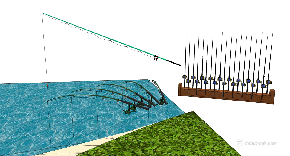 Outdoor Fishing Scene With Multiple Rods Near Water And Green Grass 3d model 