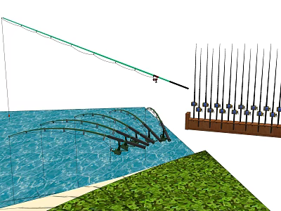 Outdoor Fishing Scene With Multiple Rods Near Water And Green Grass 3d model