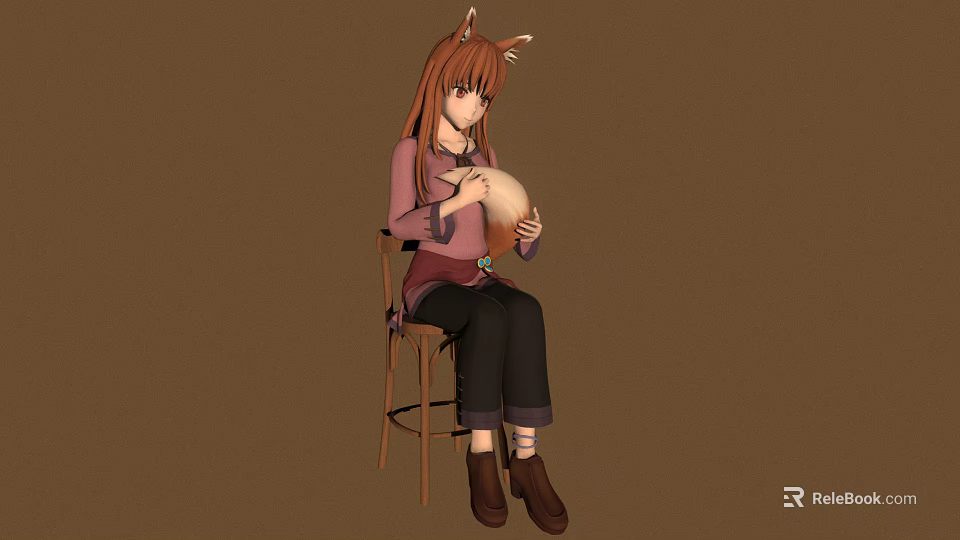 Fox Ears Girl Sitting On Chair Holding Rabbit Doll In Brown Outfit 3d model 