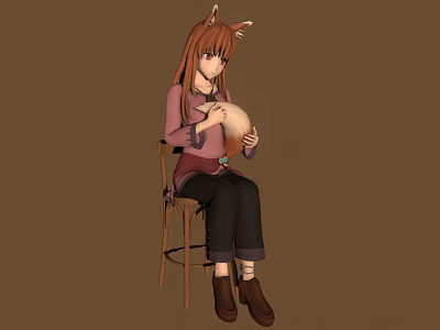 Fox Ears Girl Sitting On Chair Holding Rabbit Doll In Brown Outfit 3d model