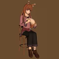 Fox Ears Girl Sitting On Chair Holding Rabbit Doll In Brown Outfit