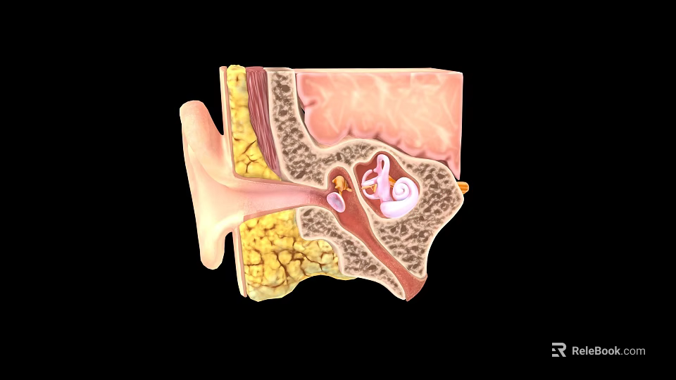 Game Character Ear Internal 3D Anatomy Model With Canal Tympanic Membrane Black Background 3d model 