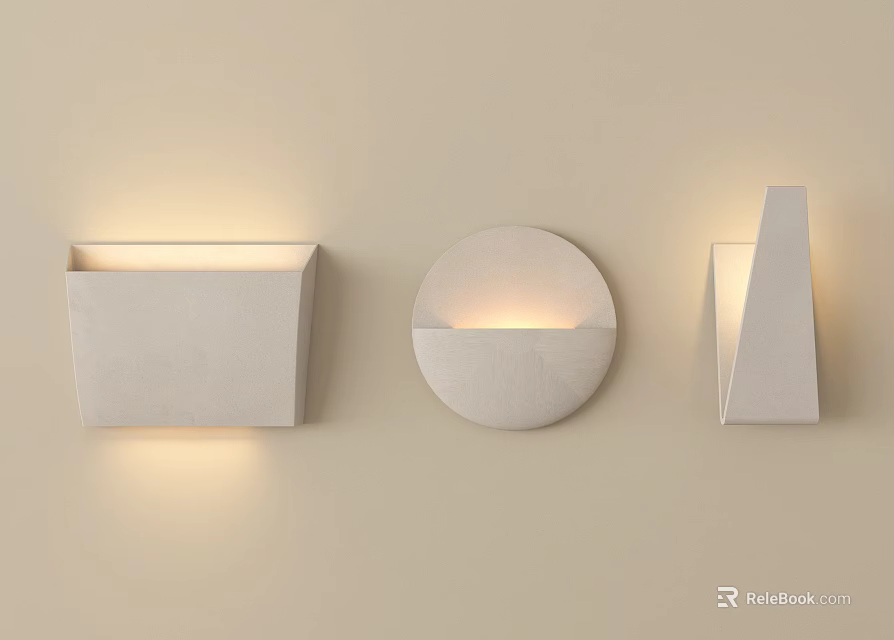 Three Modern Wall Lamps With Different Shapes Illuminated On Beige Wall 3d model 