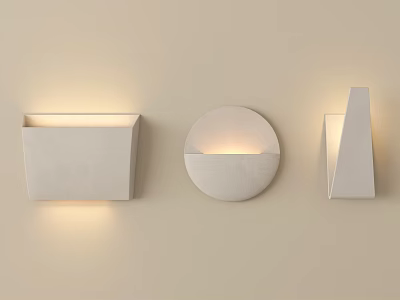 Three Modern Wall Lamps With Different Shapes Illuminated On Beige Wall 3d model