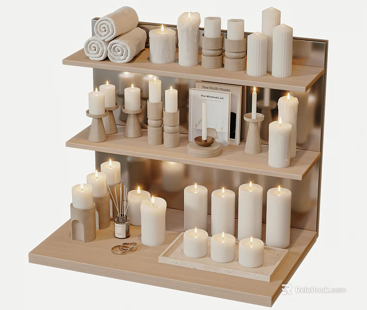 Stylish Decorative Ornament Combination With Various Candles Rolled Towels And Tiered Shelving 3d model 