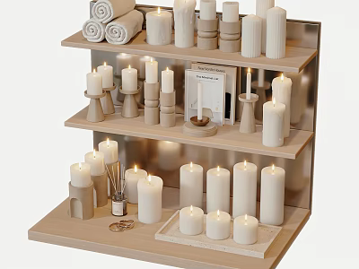 Stylish Decorative Ornament Combination With Various Candles Rolled Towels And Tiered Shelving 3d model