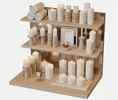 Stylish Decorative Ornament Combination With Various Candles Rolled Towels And Tiered Shelving 3d model