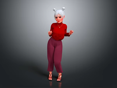 Character With White Double Bun Hairstyle Red Top Purple Pants And Black High Heels 3d model