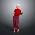 Character With White Double Bun Hairstyle Red Top Purple Pants And Black High Heels