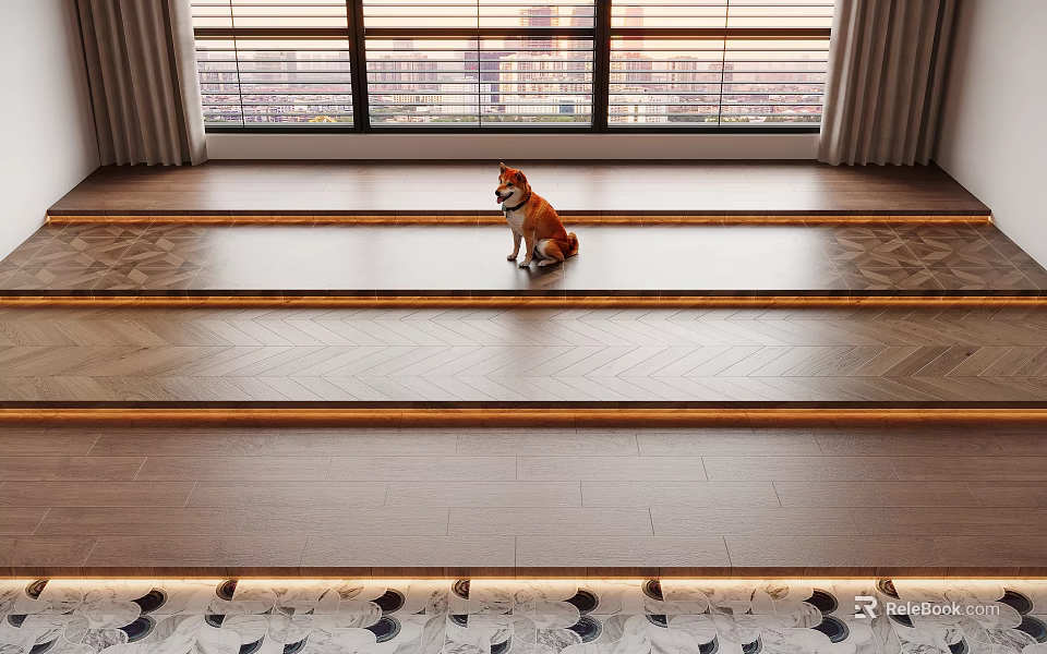 Wooden Flooring With Herringbone Pattern In Bright Living Room With City View And Shiba Inu 3d model 