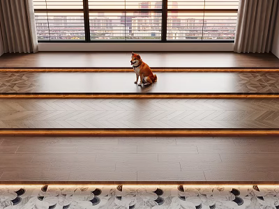 Wooden Flooring With Herringbone Pattern In Bright Living Room With City View And Shiba Inu 3d model