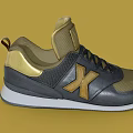 Black and Gold Sneakers with X Logo Leather Mesh Black Laces Gold Tongue White Sole