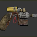 Steampunk Pistol Design With Wooden Grip Yellow Component Chain And Metallic Details