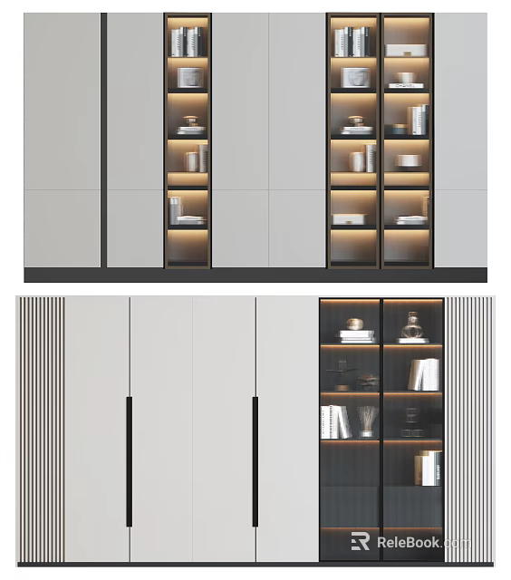 Modern Bookcase Design With Glass Doors LED Lighting And Multi Layer Storage Shelves 3d model