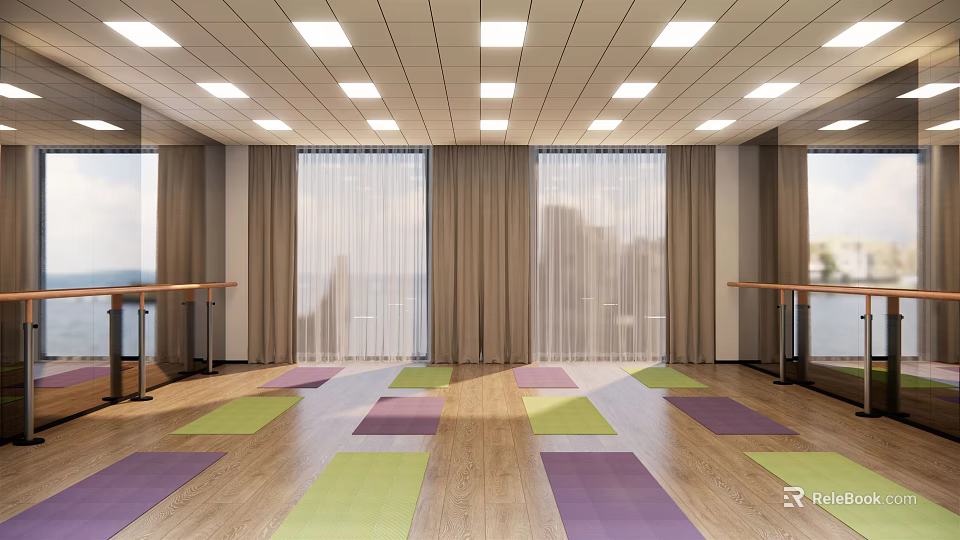 Spacious Yoga Fitness Studio With Colorful Mats Wooden Floor Barre Large Windows And Curtains 3d model 
