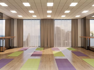 Spacious Yoga Fitness Studio With Colorful Mats Wooden Floor Barre Large Windows And Curtains 3d model