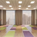 Spacious Yoga Fitness Studio With Colorful Mats Wooden Floor Barre Large Windows And Curtains