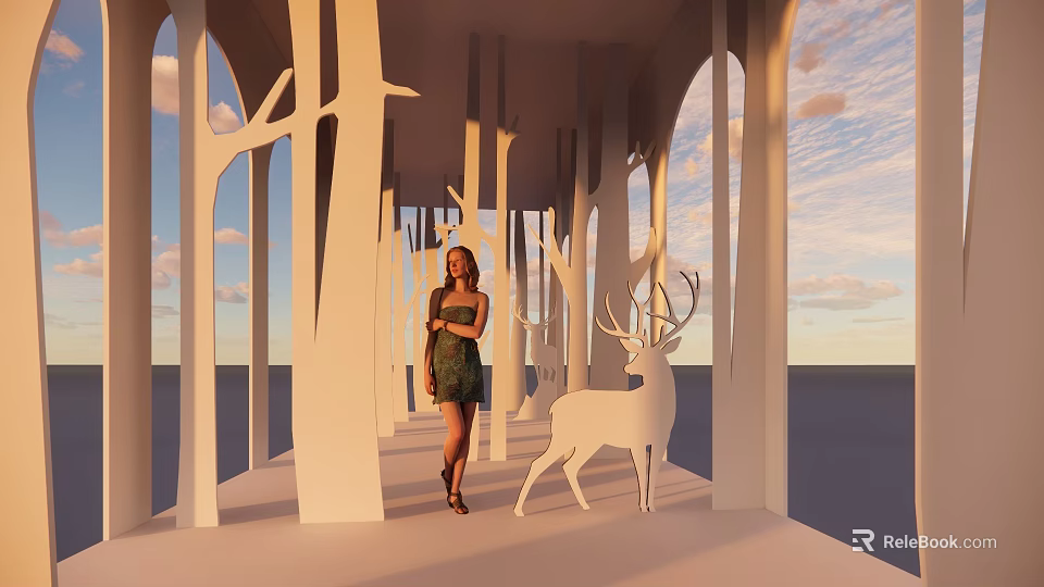 Woman Standing In Passageway With White Tree like Pillars And Deer Sculpture Under Sunset Sky 3d model 