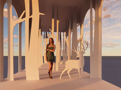 Woman Standing In Passageway With White Tree like Pillars And Deer Sculpture Under Sunset Sky 3d model