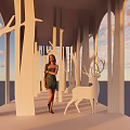 Woman Standing In Passageway With White Tree like Pillars And Deer Sculpture Under Sunset Sky